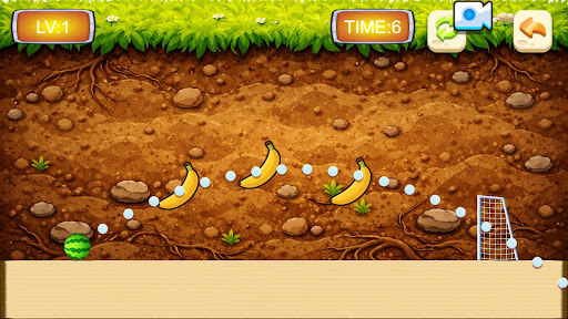 Fruit Basket Blast field showing a watermelon, blue balls, and a goal net